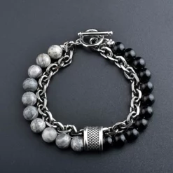 C220 Stylish Bracelet with Natural Gray Jasper and Black Beads